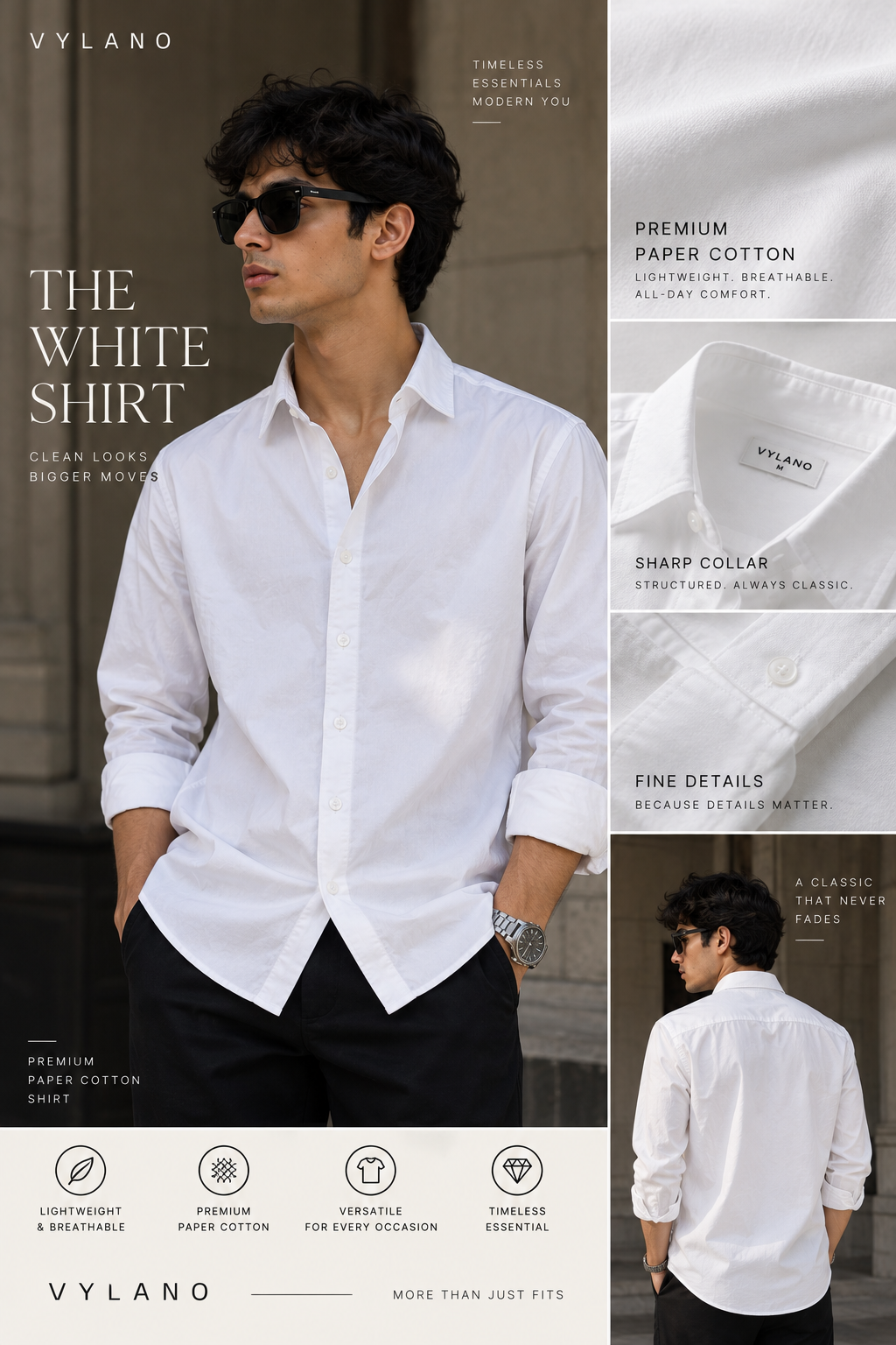 Vylano Premium White Paper Cotton Shirt