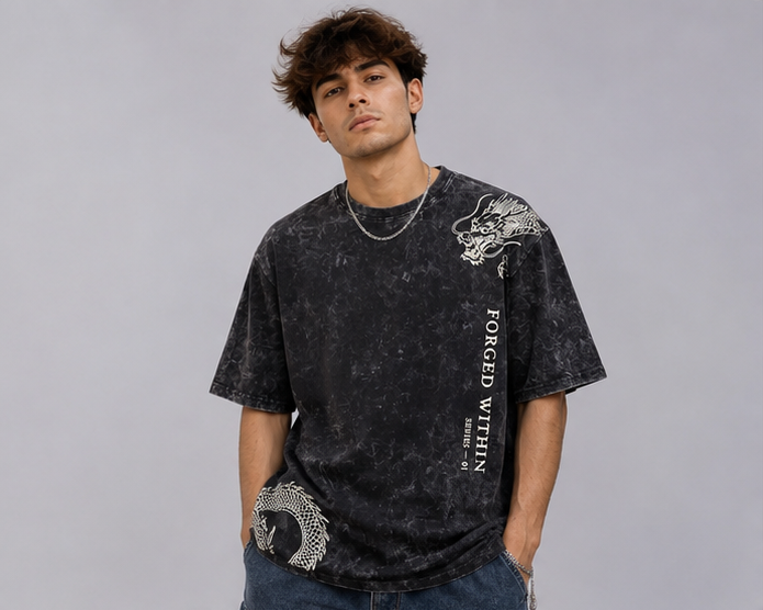 Black Dragon Oversized Acid Wash T-Shirt